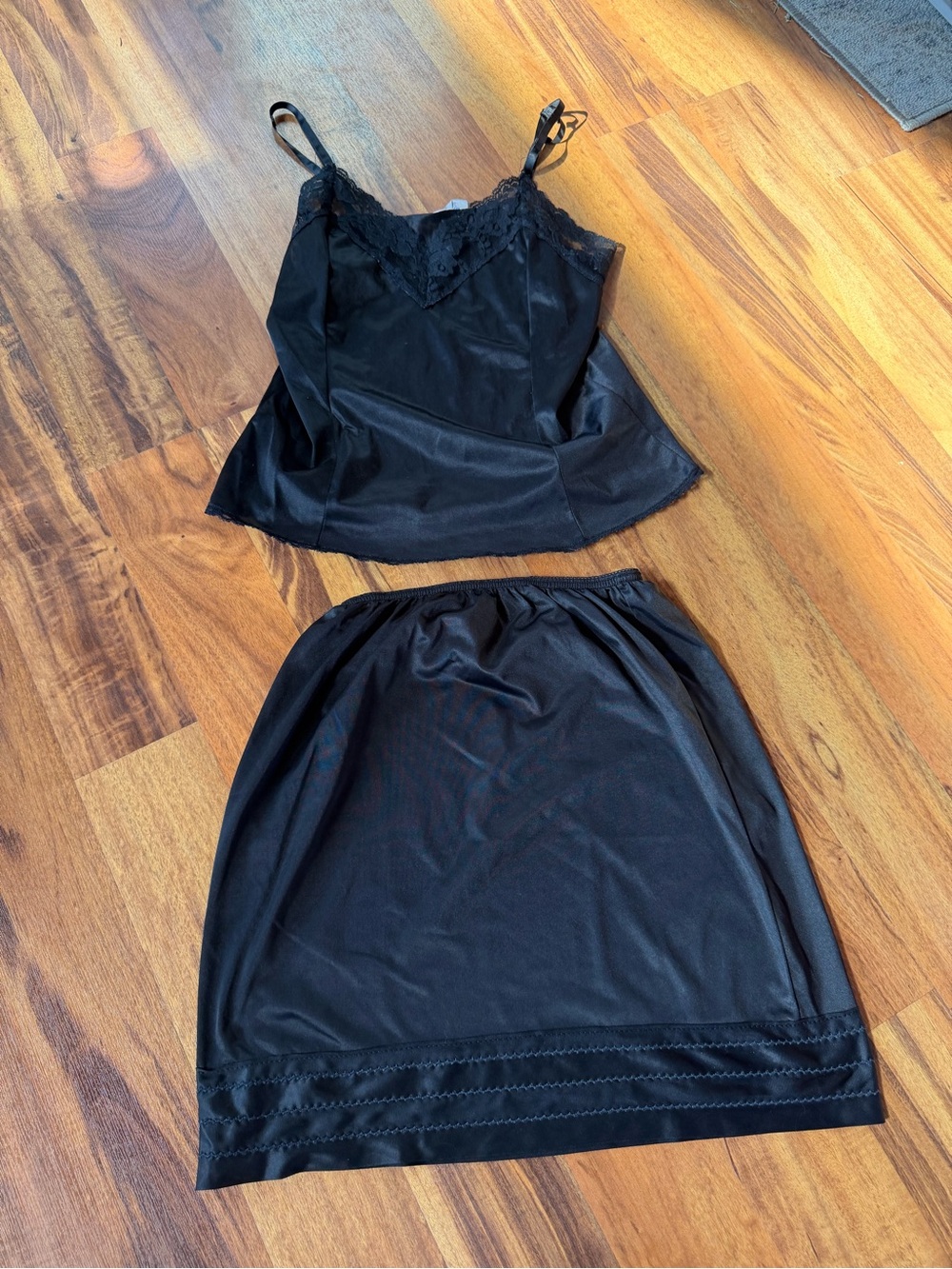 Vintage Mel Lin Black Satin Slip Skirt with Lace Camisole - Set